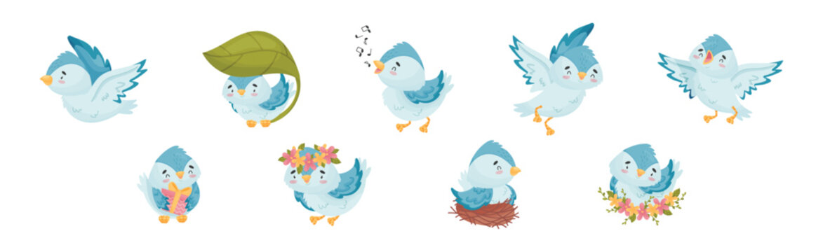 Cute Blue Bird with Wings and Feathers Vector Set