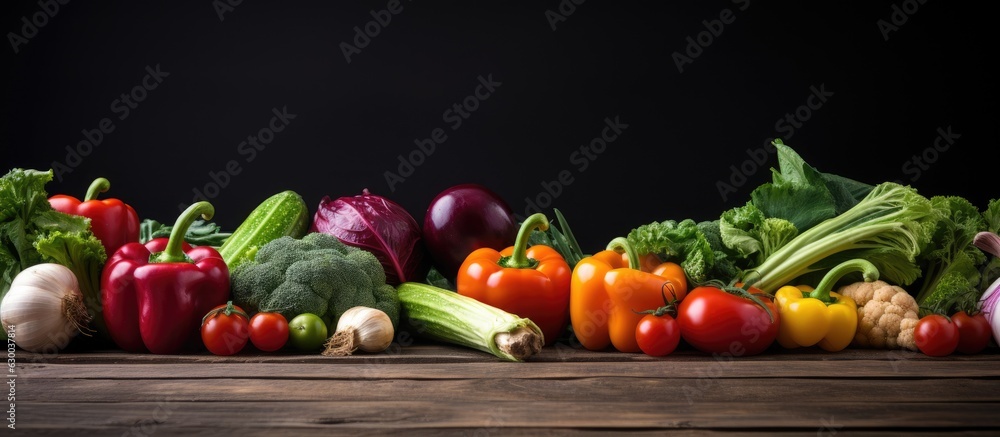 Poster wooden surface with a variety of vegetables arranged on it. there is space for text or other items o