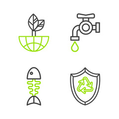 Set line Recycle symbol inside shield, Fish skeleton, Water tap and Earth globe and leaf icon. Vector