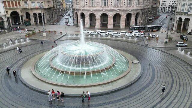 Genoa Water fountain in City Centere. Drone Footage of Genoa, Italy. Made in July 2023 in 4K