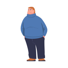 Full Man Character with Plump Body in Blue Sweater Standing and Smiling Vector Illustration