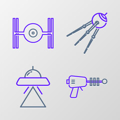 Set line Ray gun, UFO flying spaceship, Satellite and Cosmic icon. Vector