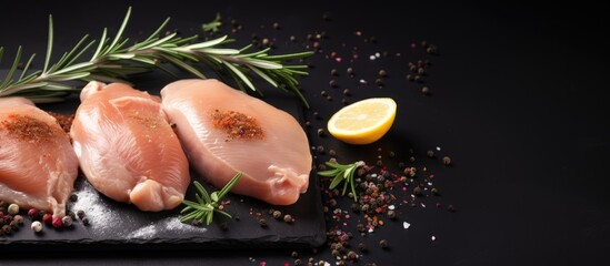Fresh chicken breast with rosemary and spices is placed on a dark background. It is a food background