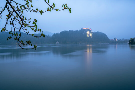 Various photos taken around lake bled in slovenia on a rainy cloudy and foggy day