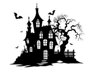 Halloween illustration with silhouette of house and dead trees, bats. Vector illustration.
