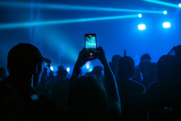People holding smart phone and recording and photographing in concert , silhouette of hands with...