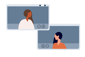 Businesswomen and men talking to communicate online on the screen