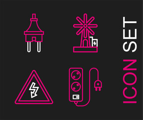 Set line Electric extension cord, High voltage sign, Wind turbine and plug icon. Vector