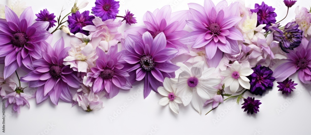 Poster a white background with a collection of purple flowers and space for text. this represents the idea
