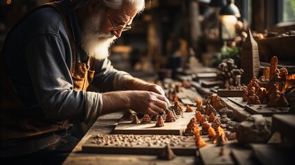 Unidentified male wood carver working in a workshop while using a metal chisel to carve ornamentation onto a plank..