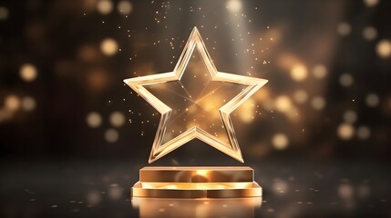 Award ceremony background and 3d gold luxury star element on the podium and glitter light effects decorations and bokeh, created with Generative AI technology. - obrazy, fototapety, plakaty