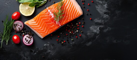 A raw fillet of fresh salmon with cooking ingredients on a black stone table, viewed from above. Copy