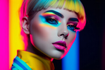 Fototapeta premium Cheeky girl in fluorescent studio light. Glamorous shiny neon colors make up