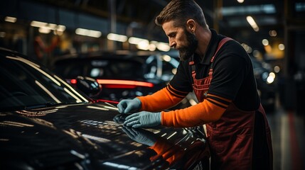 Obraz na płótnie Canvas a man working at an auto detailing shop polishes the car's lacquer..