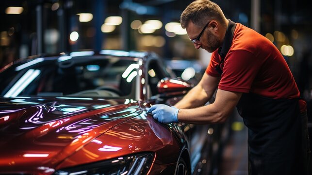 a man working at an auto detailing shop polishes the car's lacquer..