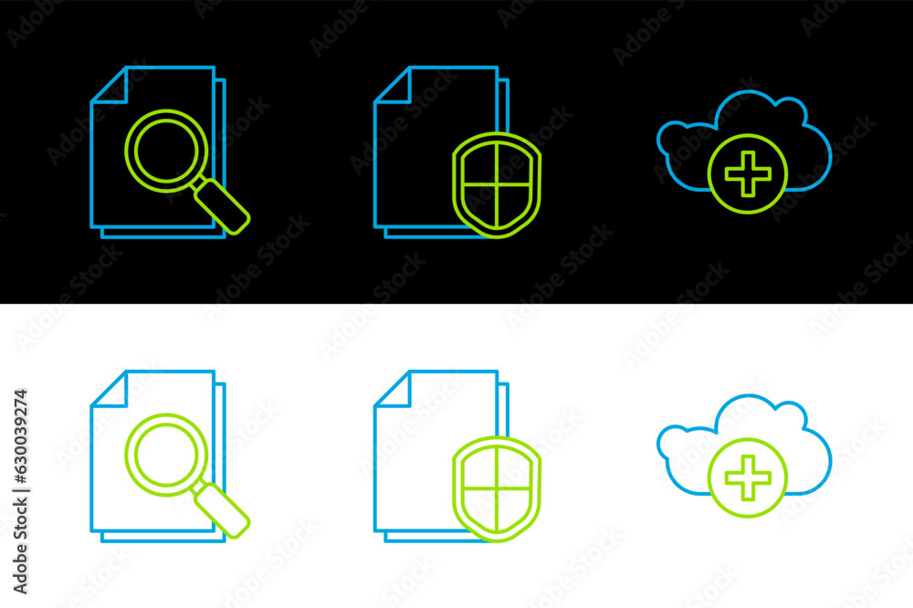 Poster set line add cloud, document with search and protection concept icon. vector