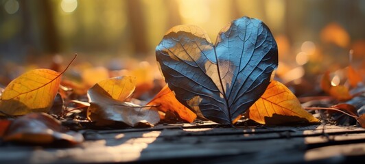 Golden october, autumn fall background - Closeup of autumnal colorful fallen leaves in a shape of a heart (Generative Ai)