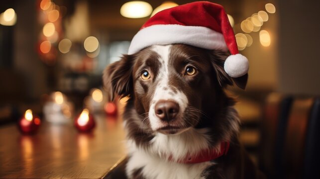 Close-up portrait of a cute dog in a red Santa Claus hat among burning lights on the background of a winter snowy landscape. New year party. Snowflakes in the air. Generative Ai.