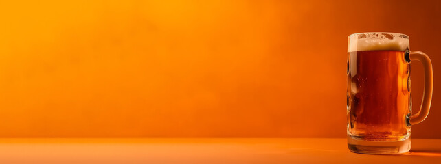 A mug of fresh beer on an empty orange display with copy space, place for text, banner and product advertisement mock up