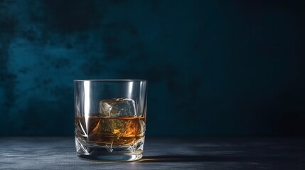 A glass of whisky, cognac with ice cubes on an old vintage blue background, with copy space, place for text, banner and product advertisement mock up