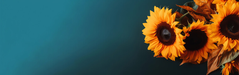 Summer sunflowers on a dark blue background, with copy space, place for text mockup © 016Graphics