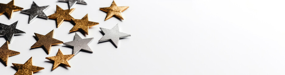 Golden and silver stars on an empty white background with copy space, place for text