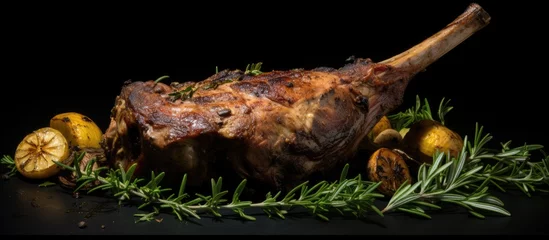 Poster whole leg of lamb mutton that has been oven roasted with thyme. It is placed on a black background and © HN Works