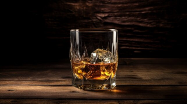 A glass of whisky, cognac with ice cubes on an old vintage wooden background, with copy space, place for text, banner and product advertisement mock up