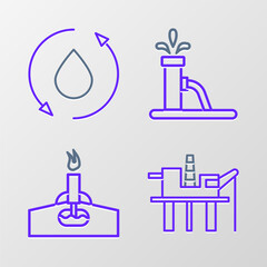 Set line Oil platform in the sea, rig with fire, pump pump jack and drop icon. Vector