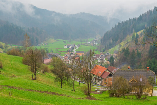 Various photos taken around lake bohinj in slovenia on a rainy cloudy and foggy day