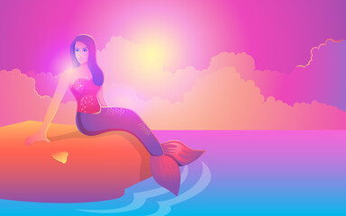 Obraz na płótnie Canvas Beautiful mermaid, glistening in vibrant pink and purple hues, gracefully sitting on a rock during a mesmerising sunset. This illustration immerses you in a world of fantasy and enchantment.
