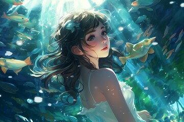 Aquatic Luminescence: Anime Girl's Underwater Radiance