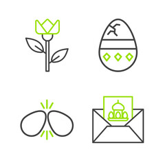 Set line Greeting card with Happy Easter, eggs, Cracked and Flower tulip icon. Vector