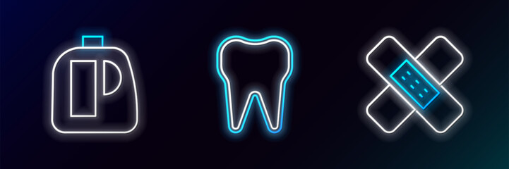 Set line Crossed bandage plaster, Bottles for cleaning agent and Tooth icon. Glowing neon. Vector