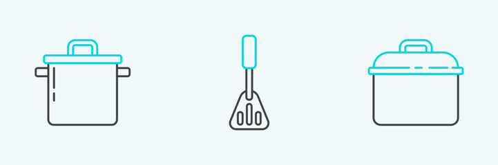 Set line Cooking pot, and Spatula icon. Vector