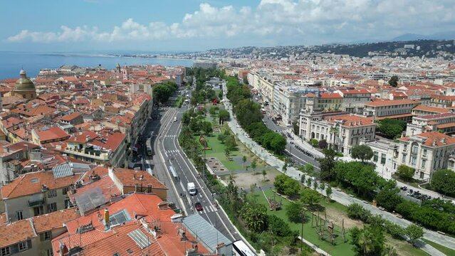 Nice C&ocirc;te d'Azur (French Riviera) City Skyline of Nice Drone View. Made in July 2023 in 4K.