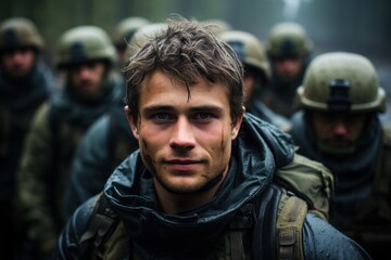 Fototapeta premium soldier holding gun at army confident soldier looking at camera with team