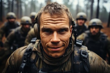 Obraz premium soldier holding gun at army confident soldier looking at camera with team