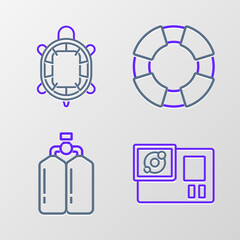Fototapeta premium Set line Action camera, Aqualung, Lifebuoy and Turtle icon. Vector