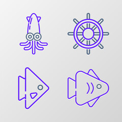 Set line Fish, Ship steering wheel and Octopus icon. Vector