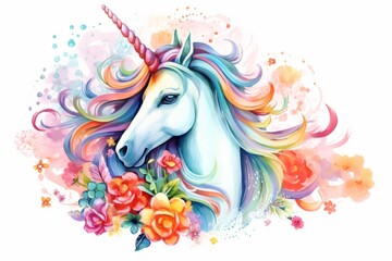 Obraz na płótnie Canvas Illustration of a majestic white unicorn adorned with vibrant flowers in its colorful mane created with Generative AI technology