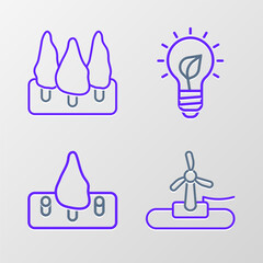 Set line Wind turbine, Deforestation, Light bulb with leaf and Forest icon. Vector