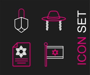 Set line Flag of Israel, Torah scroll, Orthodox jewish hat and Hanukkah dreidel icon. Vector