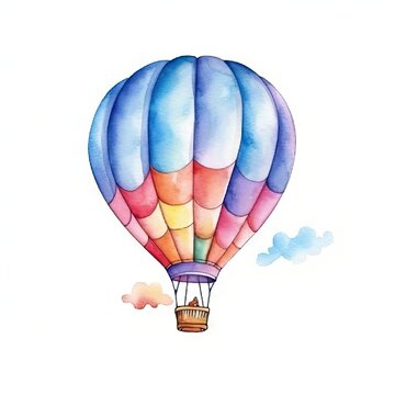 Watercolor illustration of a colorful hot air balloon floating in the sky
