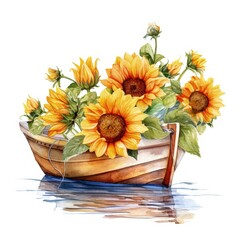 Watercolor illustration of a boat with sunflowers painting