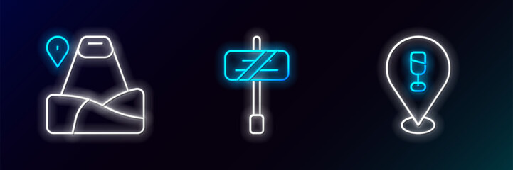 Set line Alcohol or beer bar location, Location with mountain and Road traffic sign icon. Glowing neon. Vector