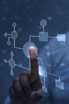 Business process and workflow automation with flowchart, businessman in background, vertical	