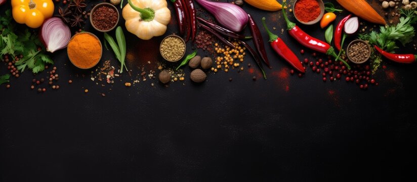 Top view of vibrant spices and fresh vegetables on a dark metal background, offering space for text.
