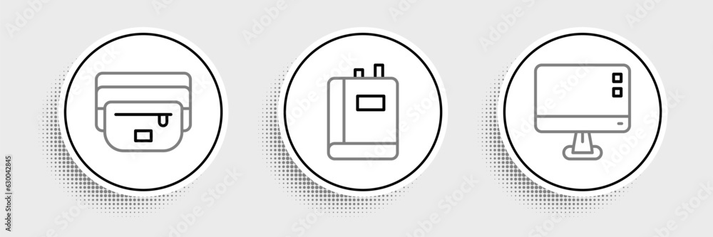 Poster set line computer monitor screen, waist bag of banana and book icon. vector