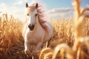 Illustration of a majestic white horse galloping through a golden field of wheat created with Generative AI technology